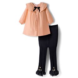Babyhug Cotton Woven Full Sleeves Frock With Leggings With Bow Applique - Peach