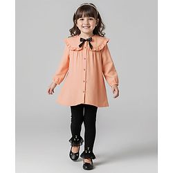 Babyhug Cotton Woven Full Sleeves Frock With Leggings With Bow Applique - Peach