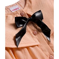 Babyhug Cotton Woven Full Sleeves Frock With Leggings With Bow Applique - Peach