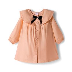 Babyhug Cotton Woven Full Sleeves Frock With Leggings With Bow Applique - Peach