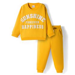 Babyhug Knit Premium Light Gauge Terry Full Sleeves Top and Jogger Set with Sunshine Forever Text Print - Yellow