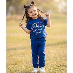Babyhug 100% Cotton Terry Knit Half Sleeves Top & Joggers Set with Everyday Text Print - Navy Blue