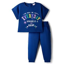 Babyhug 100% Cotton Terry Knit Half Sleeves Top & Joggers Set with Everyday Text Print - Navy Blue