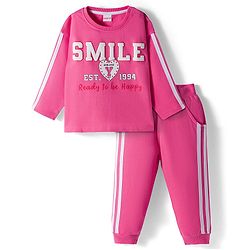 Babyhug Knit Premium Light Gauge Terry Full Sleeves Top and Joggers Set with Smile Text Print - Pink