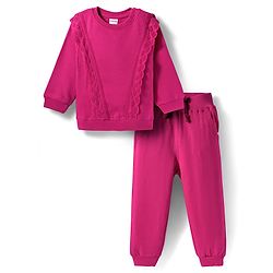 Babyhug Knit Premium Light Gauge Terry Full Sleeves Solid Color Top & Joggers Set with Lace Frill Detailing - Maroon