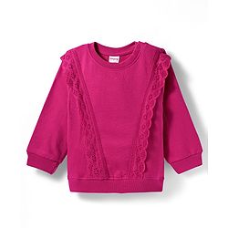 Babyhug Knit Premium Light Gauge Terry Full Sleeves Solid Color Top & Joggers Set with Lace Frill Detailing - Maroon