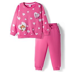 Babyhug Knit Premium Light Gauge Terry Full Sleeves Top and Joggers Set with Heart & Animal  Print - Pink