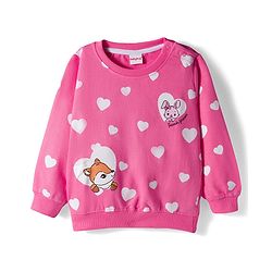Babyhug Knit Premium Light Gauge Terry Full Sleeves Top and Joggers Set with Heart & Animal  Print - Pink