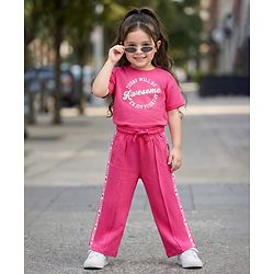 Babyhug Terry Knit Half Sleeves Top and Lounge Pant Set with Today Will Be Awesome Text Print - Pink