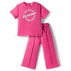 Babyhug Terry Knit Half Sleeves Top and Lounge Pant Set with Today Will Be Awesome Text Print - Pink