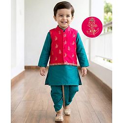 Babyhug Cotton Woven Full Sleeves Kurta Dhoti Set with Borcade Jacket & Floral Embroidery - Teal Blue