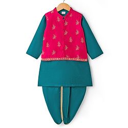 Babyhug Cotton Woven Full Sleeves Kurta Dhoti Set with Borcade Jacket & Floral Embroidery - Teal Blue