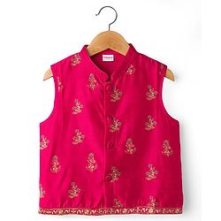 Babyhug Cotton Woven Full Sleeves Kurta Dhoti Set with Borcade Jacket & Floral Embroidery - Teal Blue