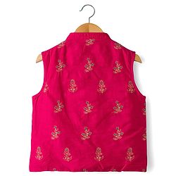 Babyhug Cotton Woven Full Sleeves Kurta Dhoti Set with Borcade Jacket & Floral Embroidery - Teal Blue