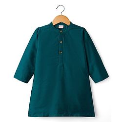 Babyhug Cotton Woven Full Sleeves Kurta Dhoti Set with Borcade Jacket & Floral Embroidery - Teal Blue