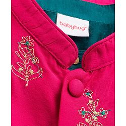 Babyhug Cotton Woven Full Sleeves Kurta Dhoti Set with Borcade Jacket & Floral Embroidery - Teal Blue