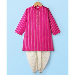 Babyhug Cotton Woven Full Sleeves Kurta Dhoti Set with Dobby Embroidery - Fuchsia