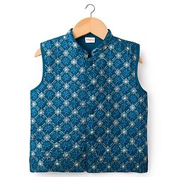 Babyhug Woven Full Sleeves Kurta Pajama Set with Jacket Embroidery & Sequin Detailing - Teal Blue