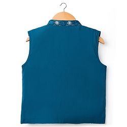 Babyhug Woven Full Sleeves Kurta Pajama Set with Jacket Embroidery & Sequin Detailing - Teal Blue