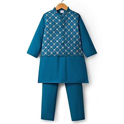 Babyhug Woven Full Sleeves Kurta Pajama Set with Jacket Embroidery & Sequin Detailing - Teal Blue