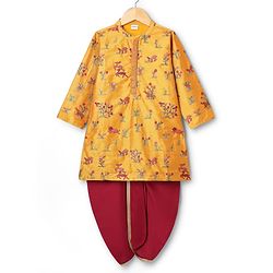 Babyhug Cotton Woven Full Sleeves Deer & Floral Embroidered Kurta Dhoti Set - Mustard