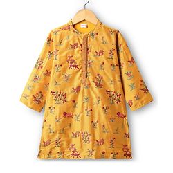 Babyhug Cotton Woven Full Sleeves Deer & Floral Embroidered Kurta Dhoti Set - Mustard