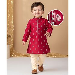 Babyhug Brocade Woven Full Sleeves Kurta Pajama Set with Motif Embroidery - Maroon