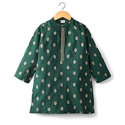 Babyhug Brocade Woven Full Sleeves Kurta Pajama Set With Floral Print - Dark Green
