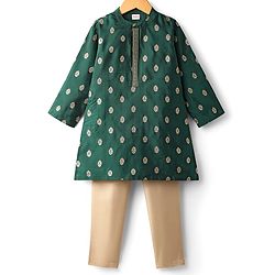 Babyhug Brocade Woven Full Sleeves Kurta Pajama Set With Floral Print - Dark Green