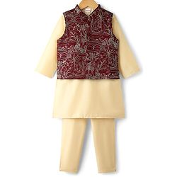 Babyhug Cotton Woven Full Sleeves Kurta Pajama Set With Embroidered Jacket - Beige