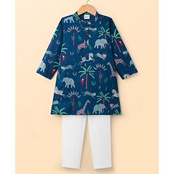Babyhug Cambric Woven Full Sleeves Kurta Pajama Set with Animal Print - Navy Blue