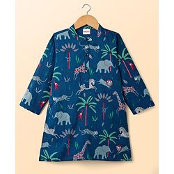 Babyhug Cambric Woven Full Sleeves Kurta Pajama Set with Animal Print - Navy Blue