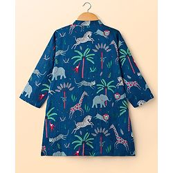 Babyhug Cambric Woven Full Sleeves Kurta Pajama Set with Animal Print - Navy Blue