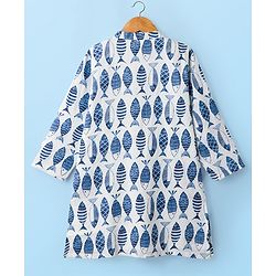 Babyhug Cambric Woven Full Sleeves Kurta Pajama Set with Fish Print - White & Blue