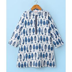 Babyhug Cambric Woven Full Sleeves Kurta Pajama Set with Fish Print - White & Blue