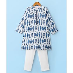 Babyhug Cambric Woven Full Sleeves Kurta Pajama Set with Fish Print - White & Blue
