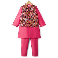Babyhug Cotton Woven Full Sleeves Solid Kurta Pajama Set with Embroidered Nehru Jacket - Dark Pink