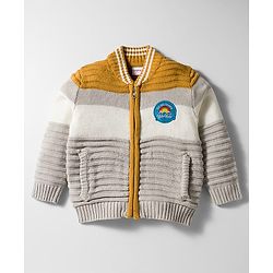 Babyhug Knit Full Sleeves Front Open Sweater with Patch Detailing & Color Block Design - Grey