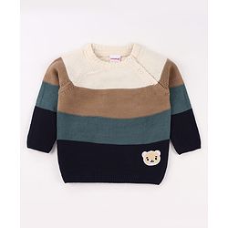 Babyhug Knit Full Sleeves Pullover Sweater with Stripe Design & Animal Patch Embroidery - Navy Blue Beige & Blue