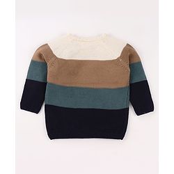 Babyhug Knit Full Sleeves Pullover Sweater with Stripe Design & Animal Patch Embroidery - Navy Blue Beige & Blue