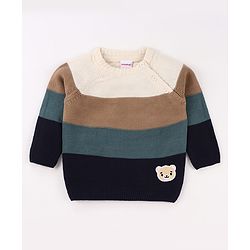 Babyhug Knit Full Sleeves Pullover Sweater with Stripe Design & Animal Patch Embroidery - Navy Blue Beige & Blue