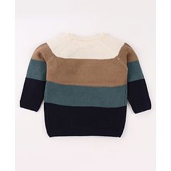 Babyhug Knit Full Sleeves Pullover Sweater with Stripe Design & Animal Patch Embroidery - Navy Blue Beige & Blue