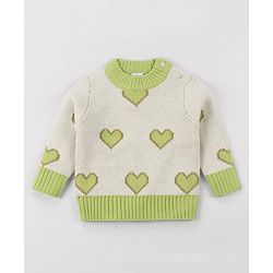 Babyhug Knit Full Sleeves Pullover Turtle Neck Sweater with Heart Design - Off White