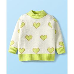 Babyhug Knit Full Sleeves Pullover Turtle Neck Sweater with Heart Design - Off White