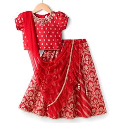 Babyhug Brocade Woven Half Sleeves Choli Lehenga & Dupatta Set With Floral Print - Red