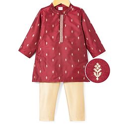 Babyhug Brocade Woven Full Sleeves Kurta Pajama Set With Floral Print - Maroon