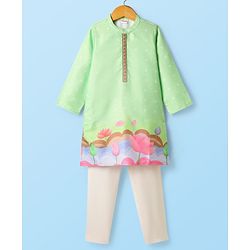 Babyhug Woven Full Sleeves Kurta Pajama Set With Floral Print - Light Green