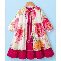 Babyhug Woven Layered Ethnic Dress with Three Fourth Sleeves Jacket & Flora Print - Off White