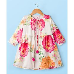 Babyhug Woven Layered Ethnic Dress with Three Fourth Sleeves Jacket & Flora Print - Off White