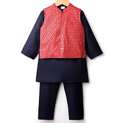 Babyhug Cotton Woven Full Sleeves Solid Kurta Payjama Set with Sequined Embroidered Nehru Jacket - Navy Blue & Red